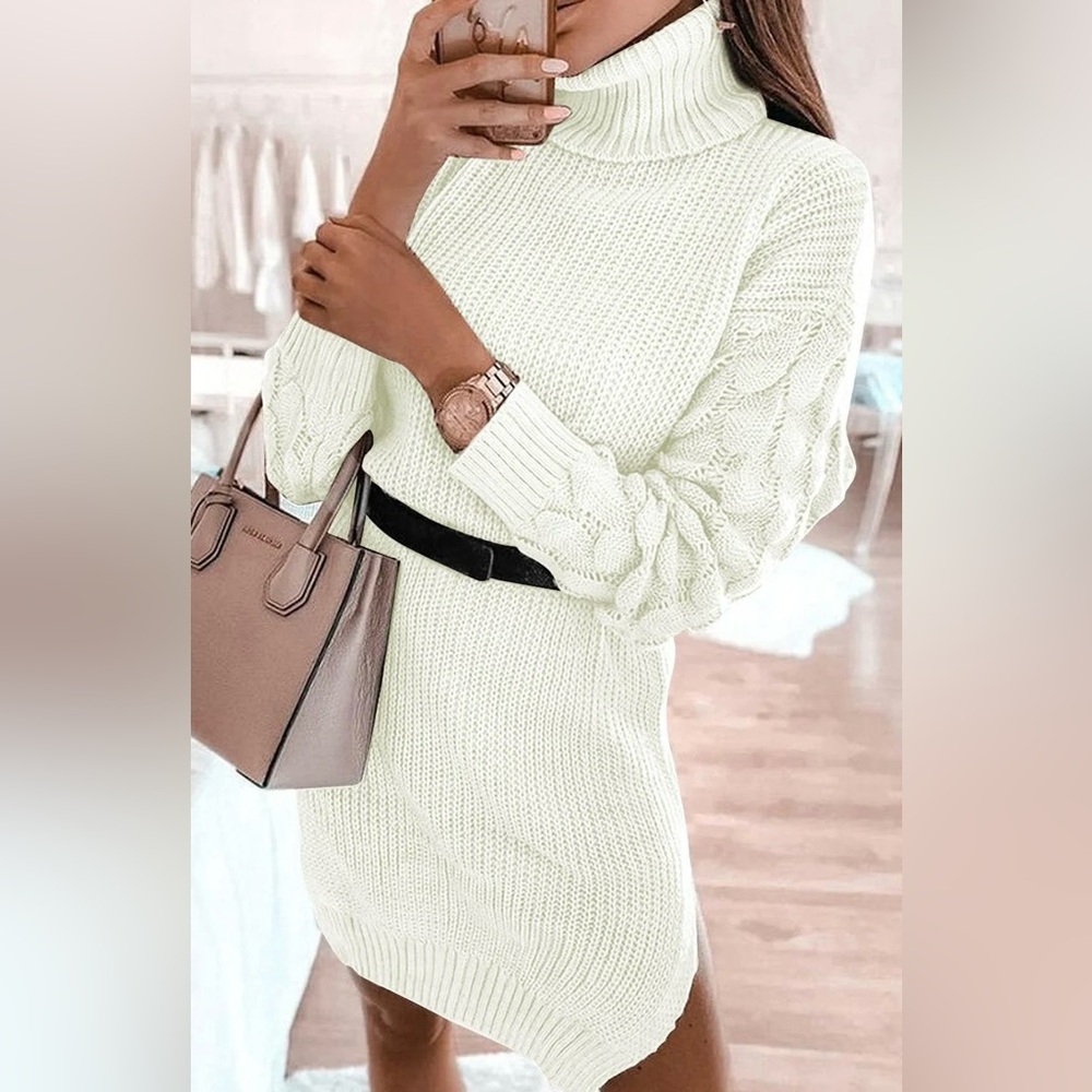NWT White Sweater Dress for Women | Snow Orchid Braided Turtleneck Sweater